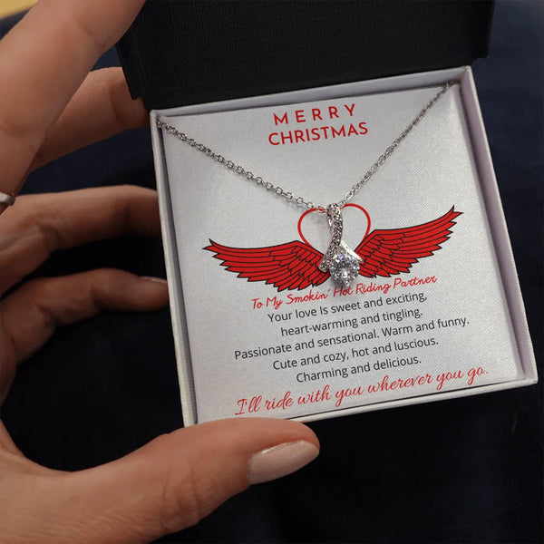 Sparkly Ribbon Pendant Necklace, Riding Partner Necklace, Romantic Biker Girlfriend Jewelry, Christmas Wife Necklace, Cubic Z