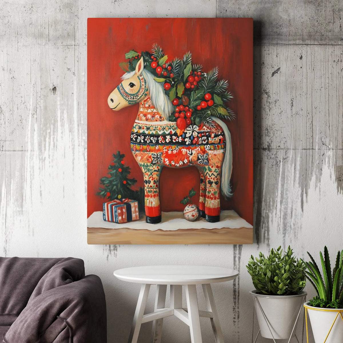Scandinavian Folk Art Canvas Wall Art, Dala Horse Canvas Print, Festive Christmas Canvas Art, Nordic Holiday Wall Decor, Wint