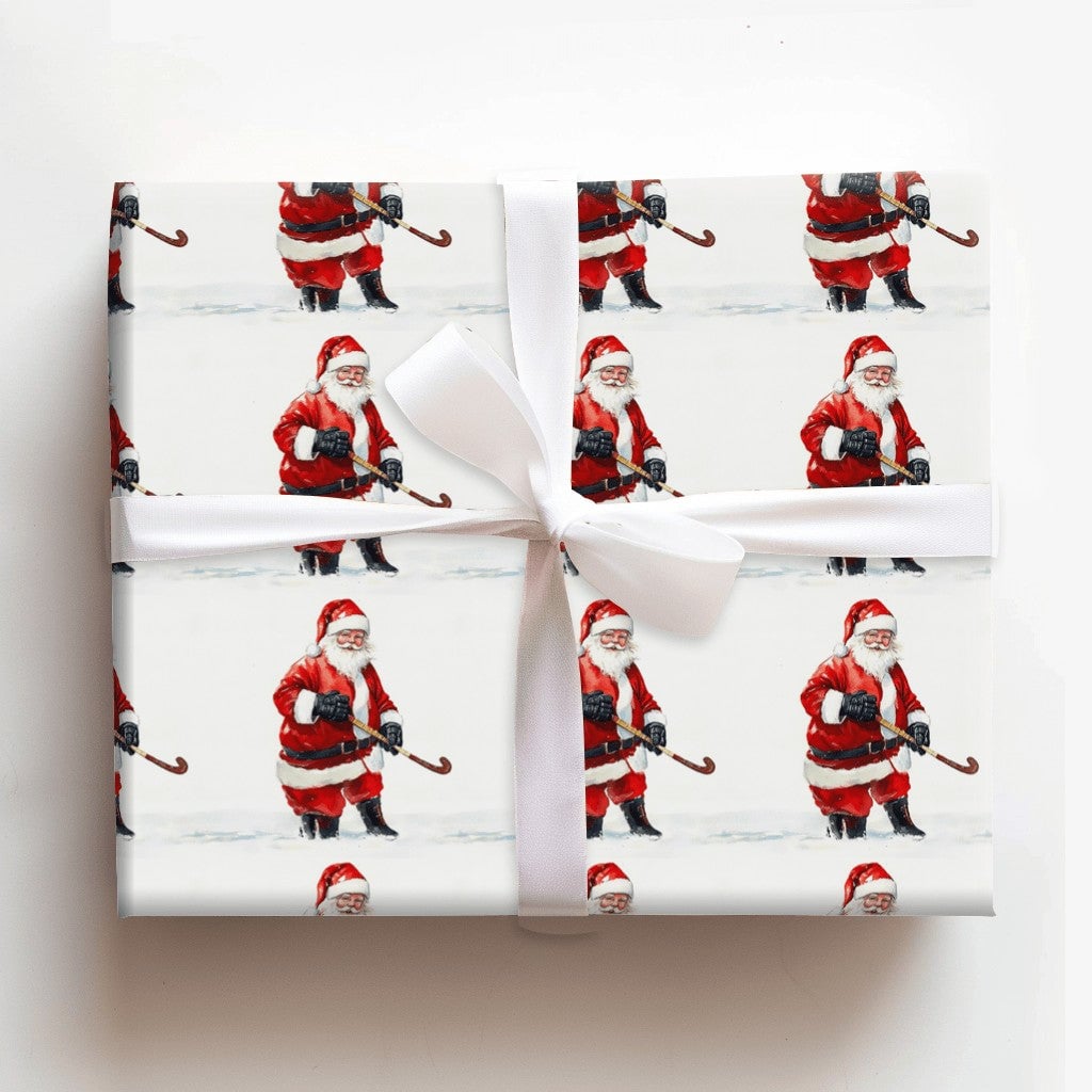 Sports Christmas Gift Wrap, Hockey Santa Wrapping Paper, Humorous Santa Claus Wrapping Paper, Ice Hockey Fan Holiday Gift Wra