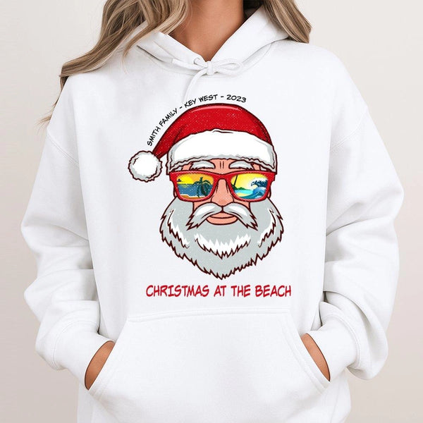 Tropical Christmas Sweatshirt, Key West Santa Beach Hoodie, Coastal Holiday Pullover Hoodie, Beach Santa Graphic Hooded Sweat