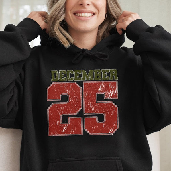 Retro Varsity Number Graphic Sweatshirt, December 25 Christmas Hoodie, Christmas Day Holiday Pullover, Winter Aesthetic Xmas 