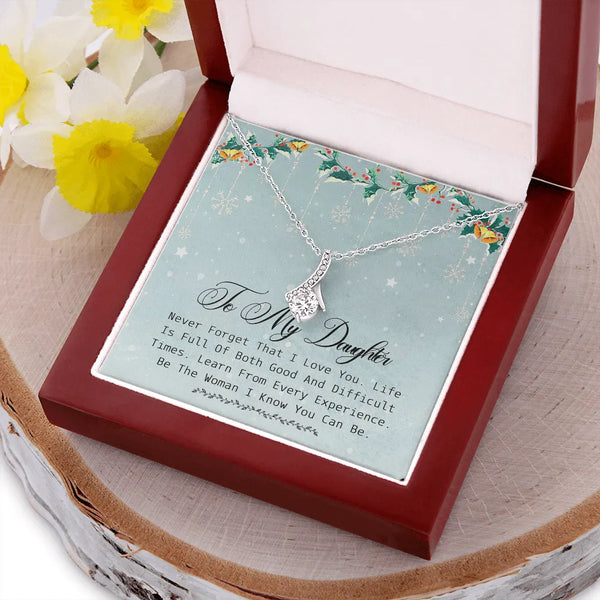 Cubic Zirconia Ribbon Pendant Necklace, To My Daughter Christmas Necklace from Mom, 14k White Gold Stainless Steel Necklace, 