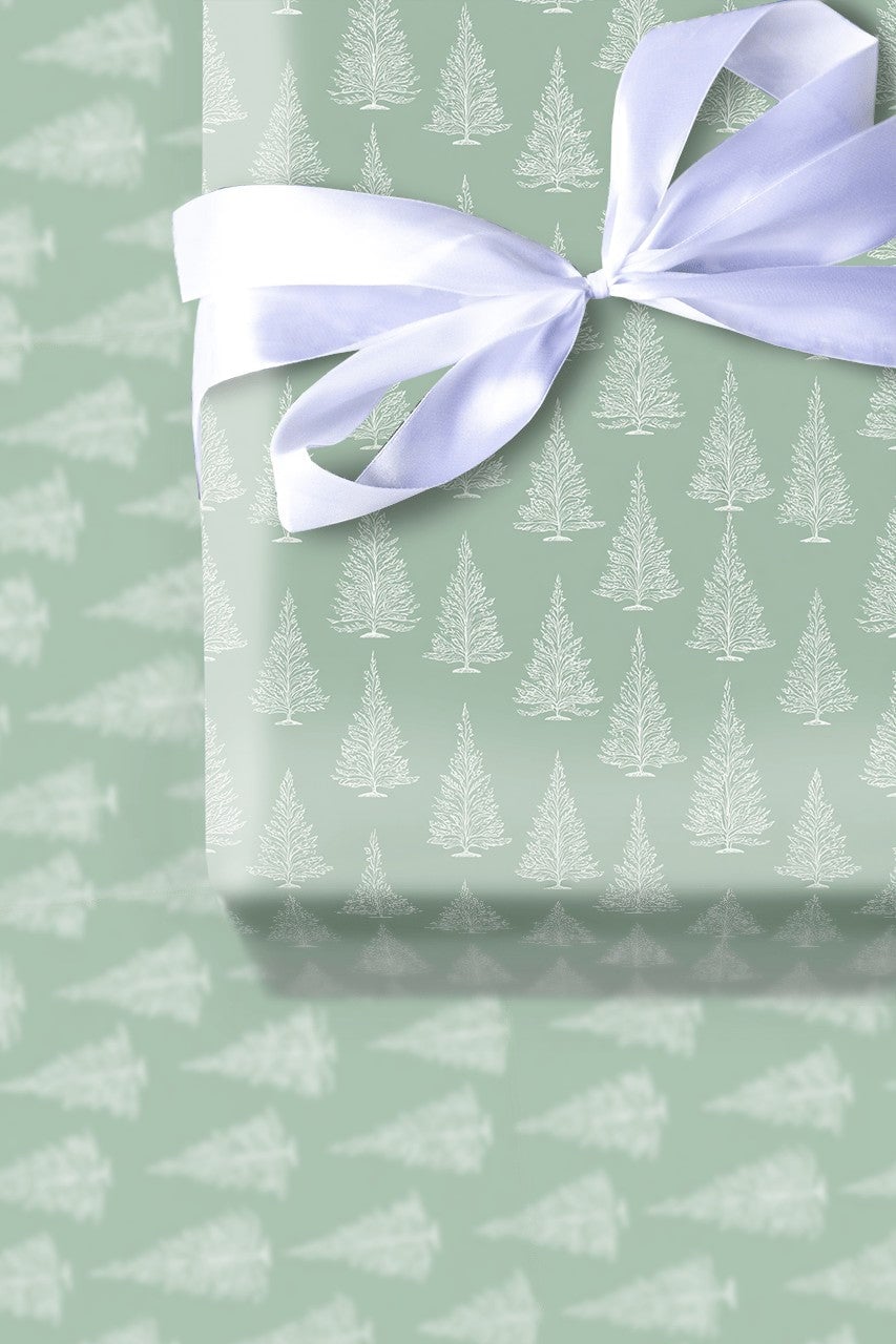 Minimalist White Tree Gift Wrap, Sage Green Christmas Tree Wrapping Paper, Elegant Holiday Wrapping Paper, Winter Season Wrap