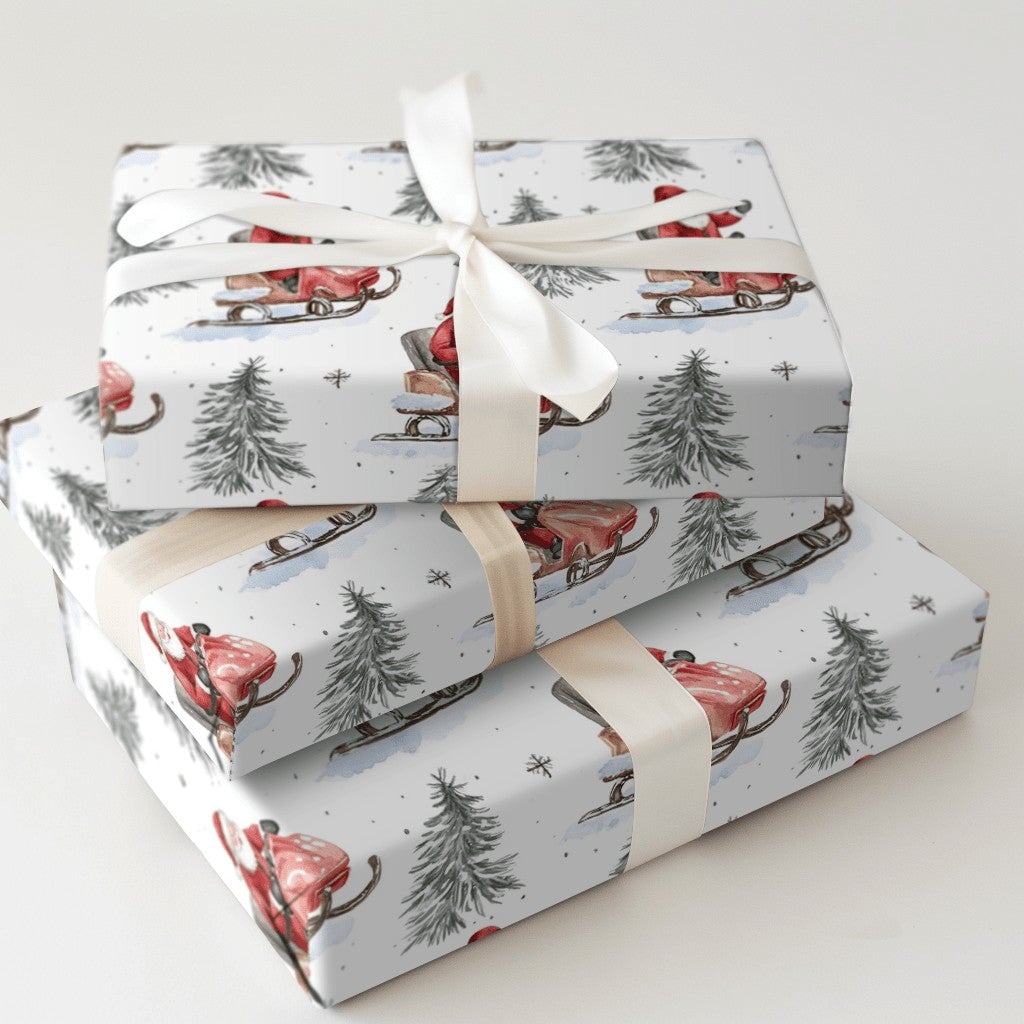 Watercolor Winter Sports Gift Wrap, Santa on Snowmobile Wrapping Paper, Red Vintage Santa Wrapping Paper, Christmas Present P