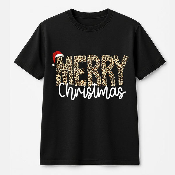 Retro Cheetah Print Holiday Graphic Tee, Merry Christmas Leopard T-Shirt, Festive Xmas Shirt, Adorable Winter Family Graphic 