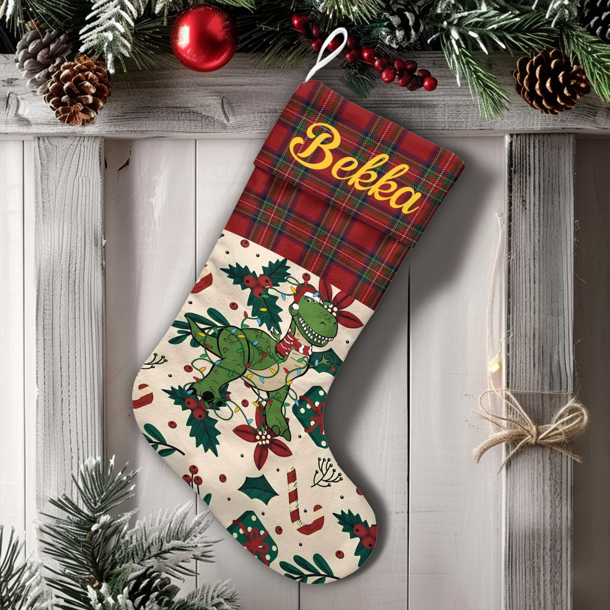 Custom Name Red Plaid Stocking, Personalized Dinosaur Christmas Stocking, Dino Holiday Mantel Decor, Velboa Kids Christmas St