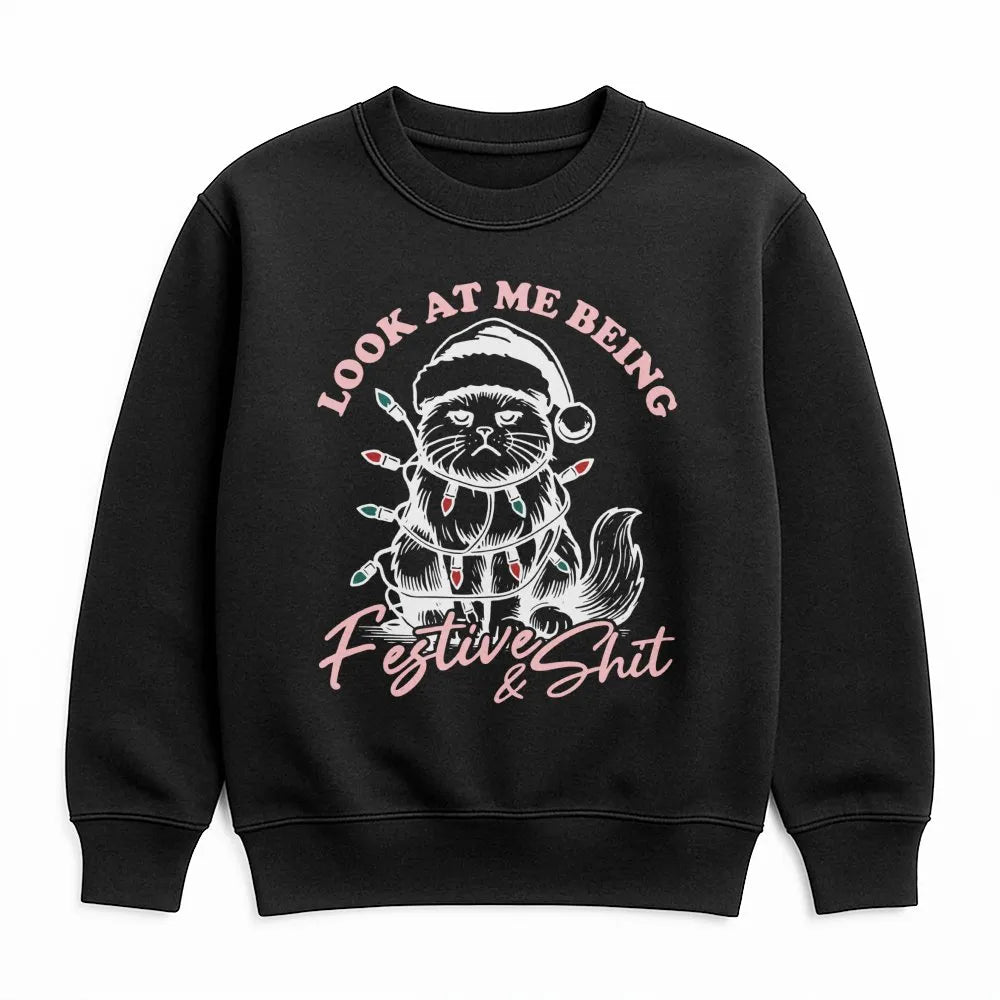 Grumpy Cat Tangled in Lights Sweater, Humorous Christmas Cat Sweatshirt, Sarcastic Xmas Cat Lover Crewneck, Holiday Kitty Pul