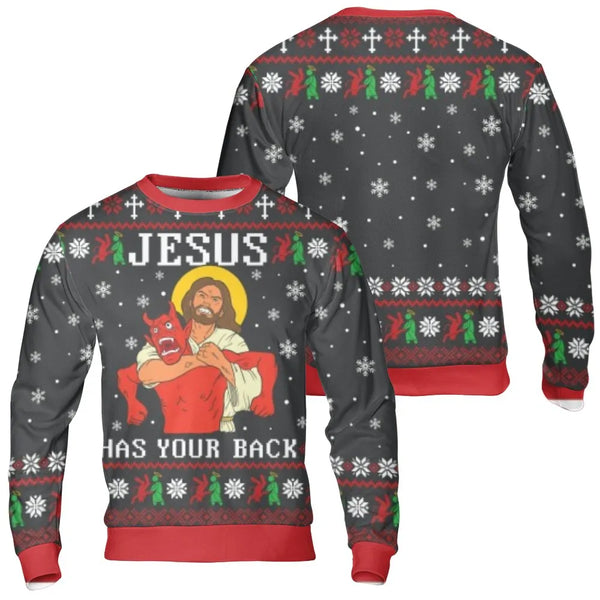 Humorous Christian Holiday Graphic Sweater, Jesus Has Your Back Ugly Christmas Sweatshirt, Religious Faith Xmas Crewneck Pull