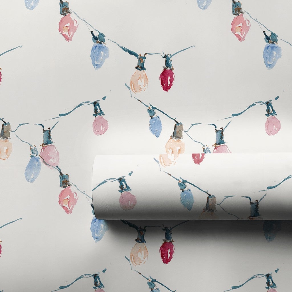 Pastel Holiday String Light Gift Wrap, Watercolor Christmas Lights Wrapping Paper, Festive Xmas Paper, Winter Present Wrappin