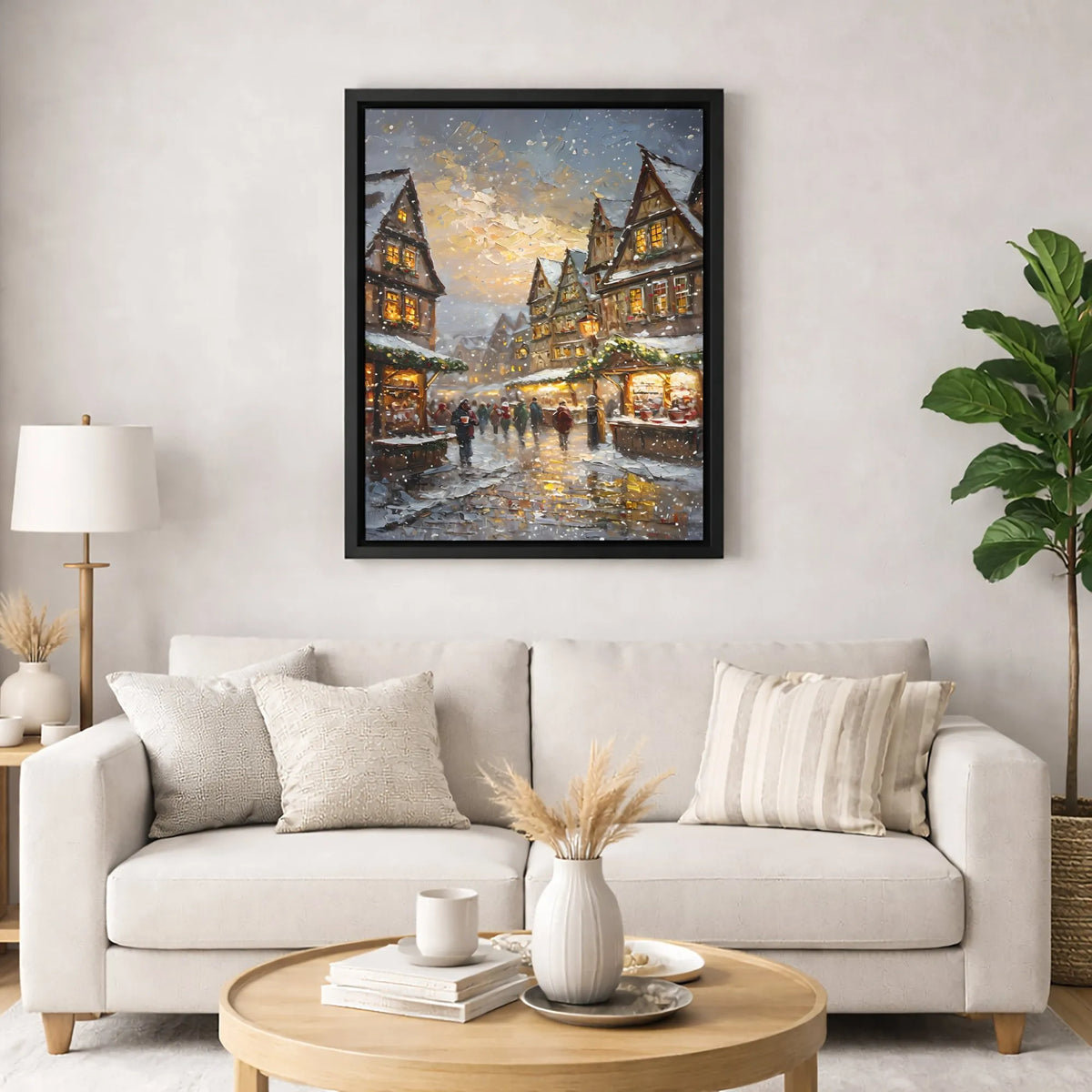 European Village Canvas Art, Snowy Christmas Market Wall Art, Winter Street Scene Digital Download, Festive Holiday Printable