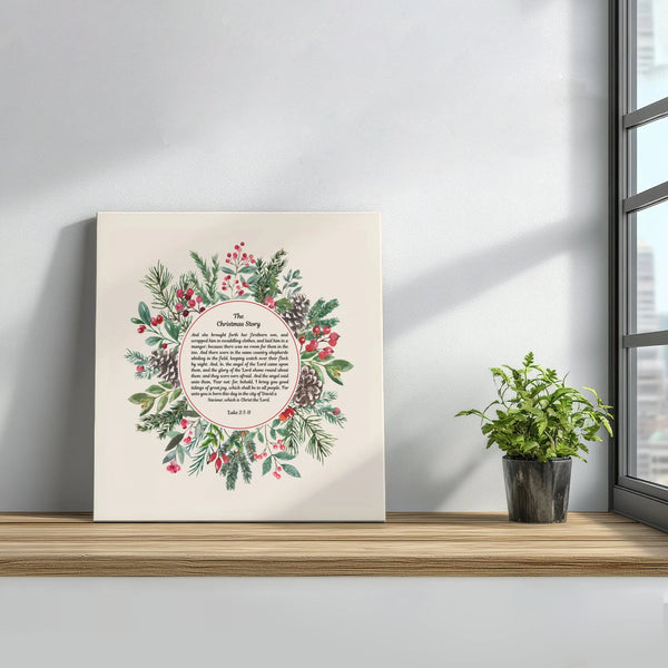 Luke 2 Holly Berry Wreath Canvas Print, Christmas Story Bible Verse Canvas, Watercolor Scripture Canvas Wall Art, Christian X