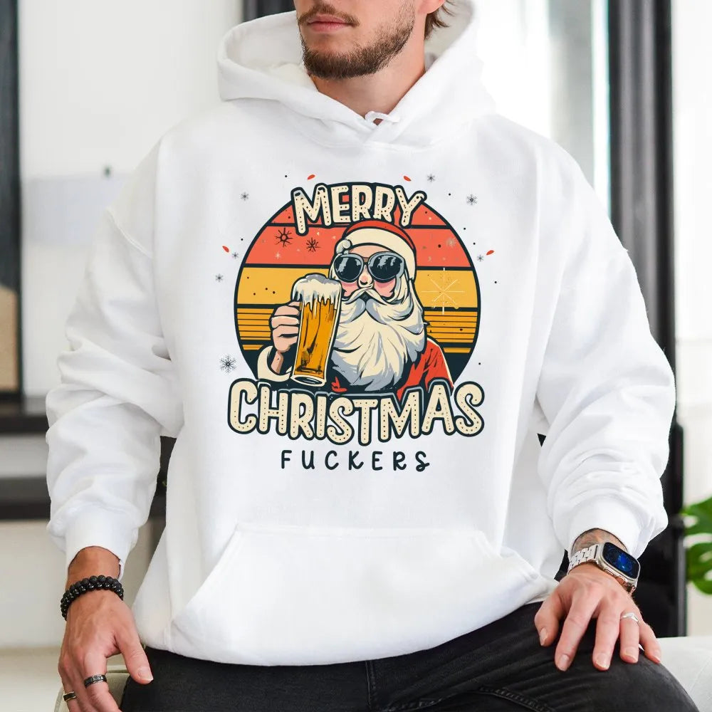 Humorous Santa Sweatshirt, Beer Drinking Santa Hoodie, Retro Santa Graphic Pullover, Sarcastic Christmas Santa Hoodie, Adult 