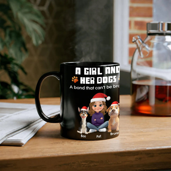 Adorable Cartoon Girl and Dogs Christmas Mug, Custom Dog Mom Ceramic Mug, Personalized Pet Lover Holiday Coffee Cup, Xmas Pre