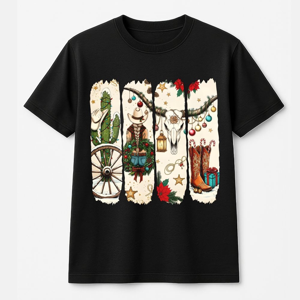 Western Boots Christmas Shirt, Cowgirl Christmas T-Shirt, Festive Country Graphic Tee, Retro Xmas Tee, Western Christmas Pres