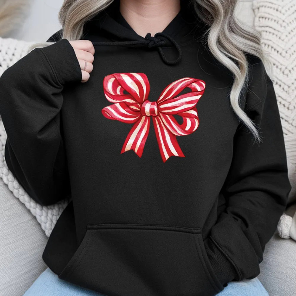 Red Striped Ribbon Sweatshirt, Christmas Bow Hoodie, Adorable Holiday Bow Hooded Pullover, Festive Christmas Graphic Hoodie, 