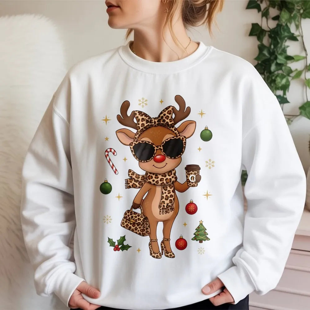 Leopard Print Reindeer Sweatshirt, Boujee Reindeer Sweatshirt, Christmas Deer Holiday Crewneck, Adorable Winter Pullover Rein