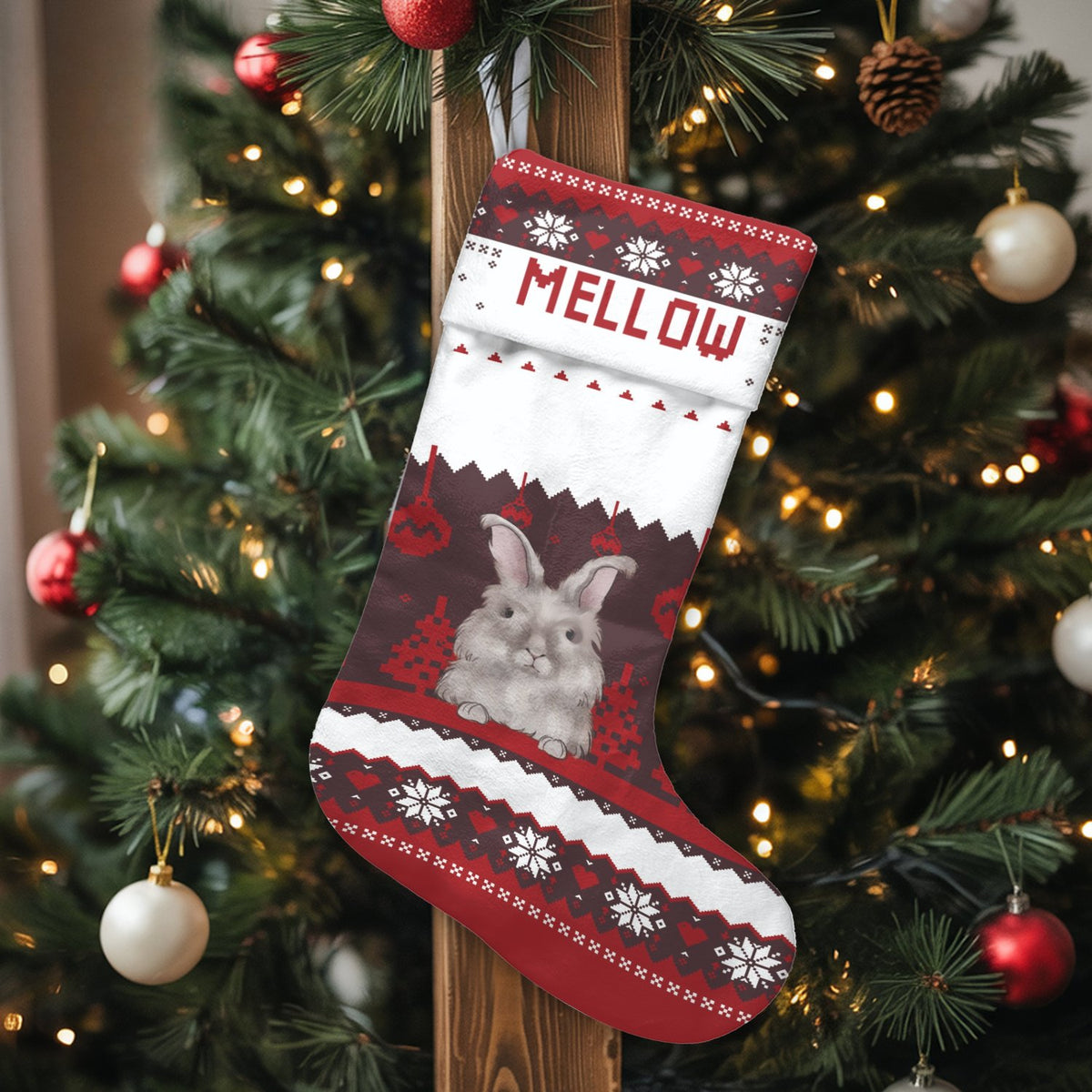 Adorable Rabbit Ugly Sweater Holiday Stocking, Personalized Bunny Christmas Stocking, Custom Name Christmas Stocking, Pet Lov
