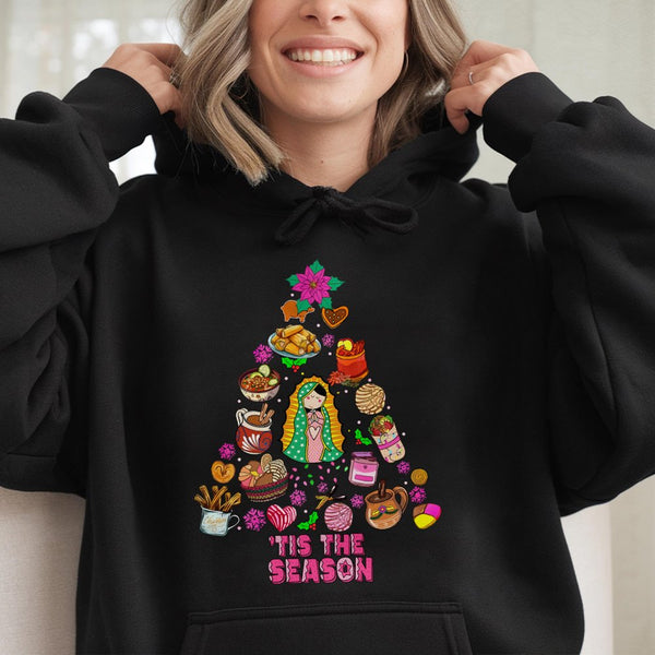 Mexican Holiday Food Hoodie, Our Lady of Guadalupe Christmas Hoodie, Latina Cultural Christmas Hoodie, Comfy Holiday Hooded S