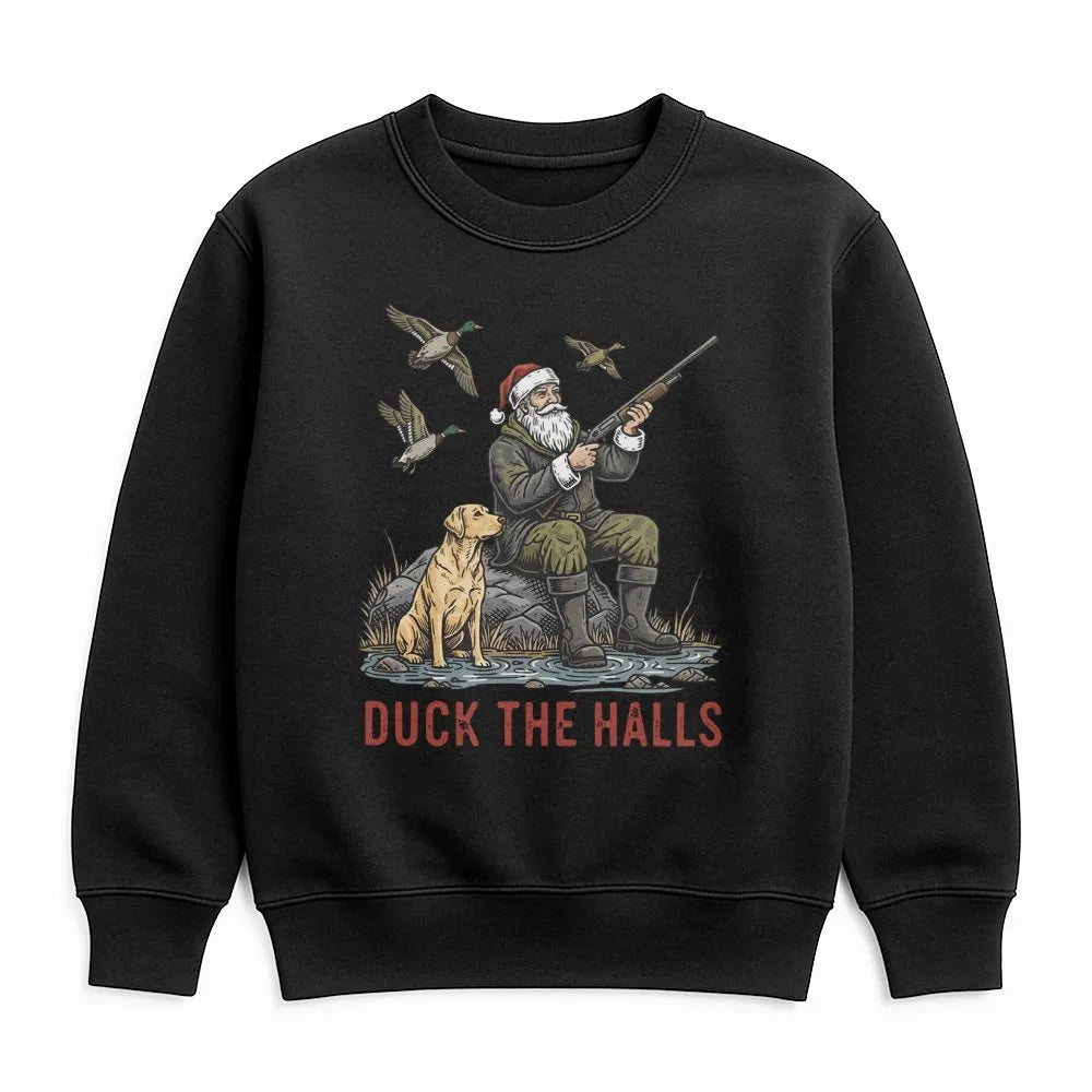 Santa Duck Hunting Sweatshirt, Duck the Halls Christmas Sweatshirt, Humorous Duck Hunter Crewneck, Holiday Hunting Pullover, 