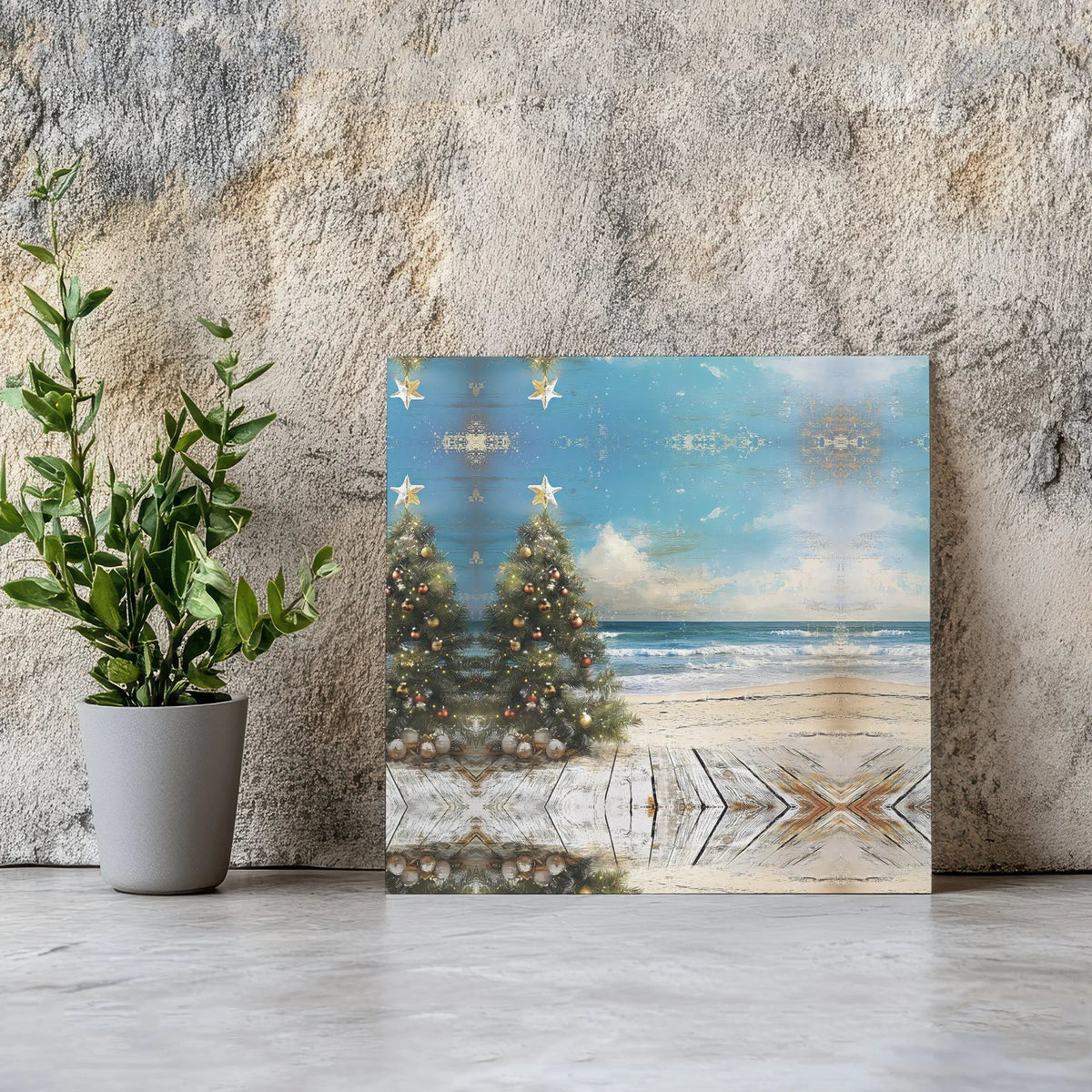 Tropical Beach Ocean View Holiday Poster, Coastal Christmas Tree Canvas Art, Coastal Winter Wall Decor, Digital Download