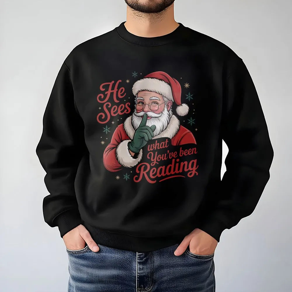 Humorous Bookish Santa Crewneck, He Sees What You've Been Reading Sweatshirt, Smut Reader Christmas Sweater, Booktok Romantas