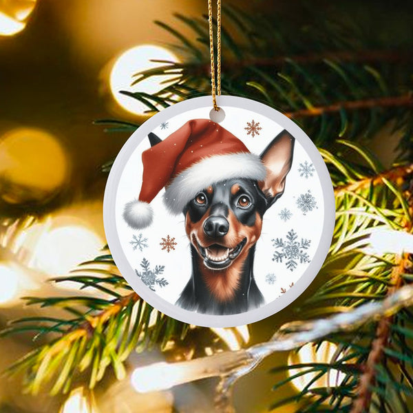Adorable Min Pin Santa Hat Ceramic Ornament, Miniature Pinscher Christmas Ornament, Holiday Dog Tree Ornament, Min Pin Dog Lo