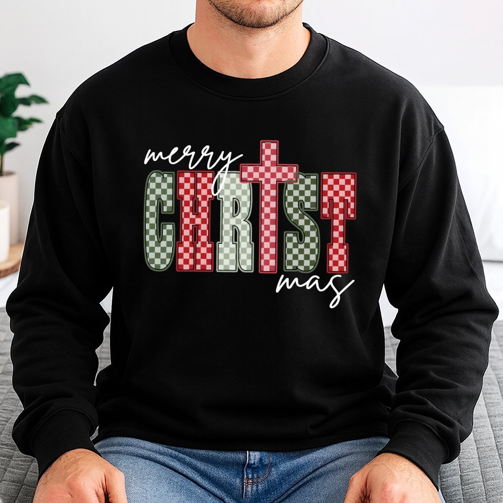 Merry Christmas Sweatshirt, Plaid Cross Sweatshirt, Faith Based Xmas Crewneck, Christian Holiday Sweatshirt, Religious Presen