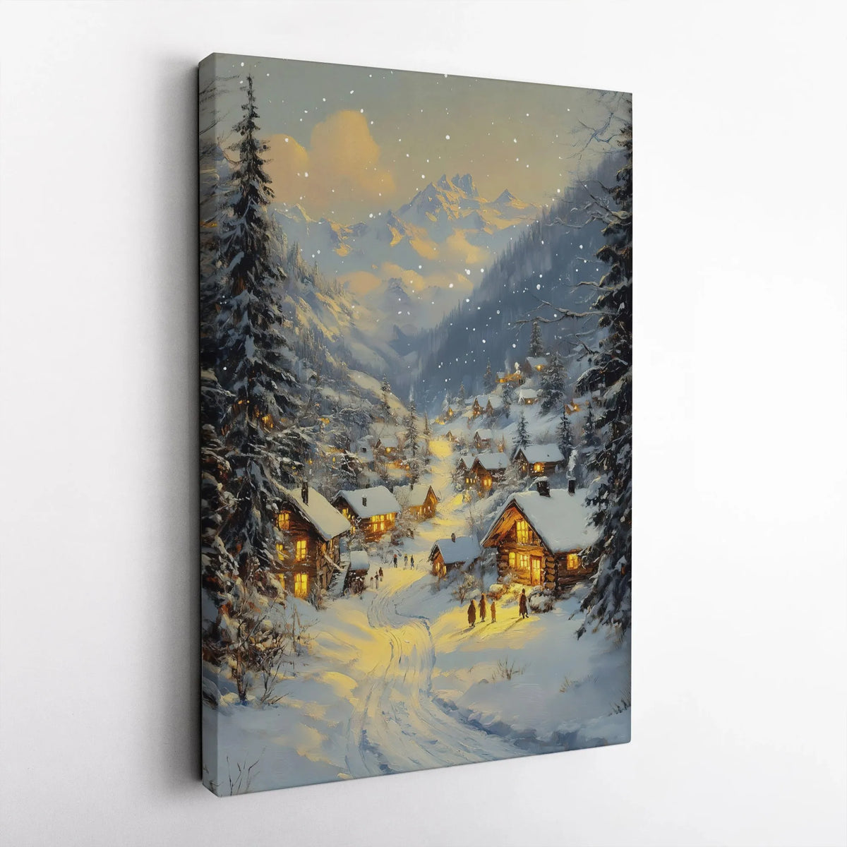 Comfy Winter Cabin Evening Oil Painting Print, Snowy Mountain Village Canvas Wall Art, Alpine Village Christmas Poster, Digit