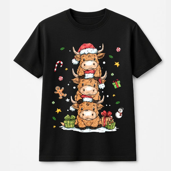 Adorable Farm Animal Holiday Graphic Tee, Stacked Highland Cow Christmas T-Shirt, Festive Winter Cattle Shirt, Xmas Graphic T