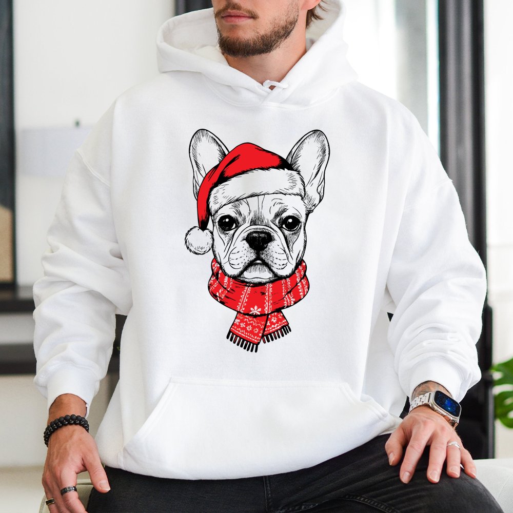 Adorable Santa Hat Frenchie Hoodie, French Bulldog Christmas Hoodie, Humorous Holiday Dog Sweatshirt, Winter Xmas Hooded Pull