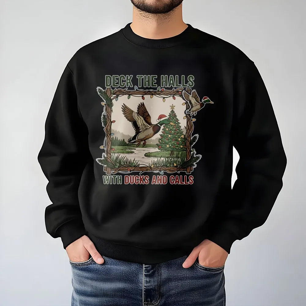 Deck the Halls Mallard Crewneck, Duck Hunting Christmas Sweatshirt, Humorous Hunter Holiday Sweater, Outdoor Wildlife Xmas Pu