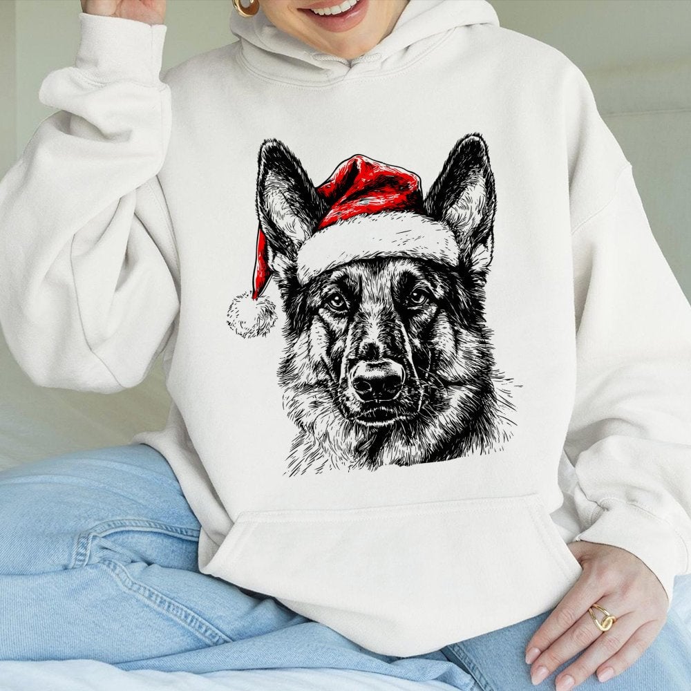 Festive Santa Hat Dog Sweatshirt, German Shepherd Hoodie, Christmas Pet Lover Hoodie, Holiday Puppy Graphic Pullover