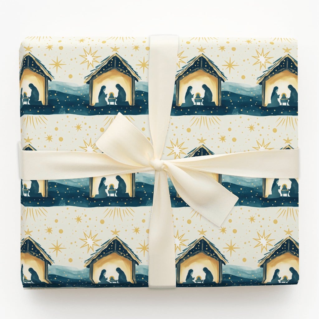 Holy Family Manger Gift Wrap, Nativity Scene Christmas Wrapping Paper, Starry Night Religious Holiday Wrapping Paper, Christi