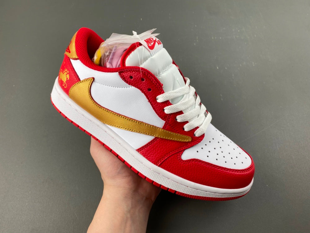 Low Top Sneakers, White Red Gold Colorway, Reverse Hook Design, Lace Up Design, Casual Gift for Sneaker Fans