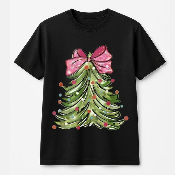 Adorable Holiday Tree T-Shirt, Pink Bow Christmas Tree T-Shirt, Festive Pink Bow Christmas Shirt, Retro Xmas Graphic Tee, Sea