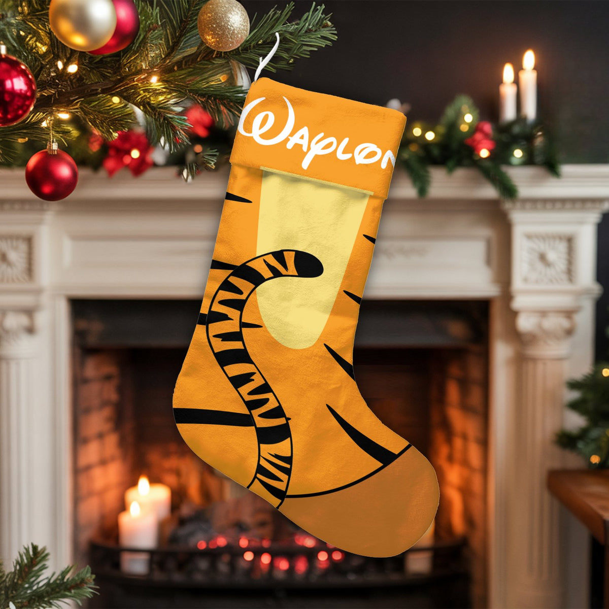 Custom Name Kids Holiday Stocking, Personalized Tiger Christmas Stocking, Velboa Animal Xmas Stocking, Fireplace Mantel Decor
