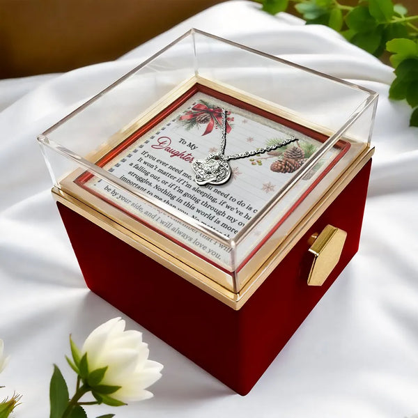 Rotating Rose Gift Box, Daughter Love Knot Necklace, White or Yellow Gold Knot Pendant, Meaningful Birthday Christmas Present