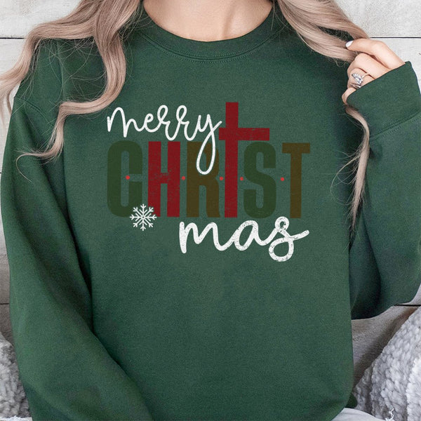 Christian Cross Merry Christ-Mas Crewneck, Religious Christmas Sweatshirt, Faith Holiday Sweatshirt, Scripture Graphic Pullov