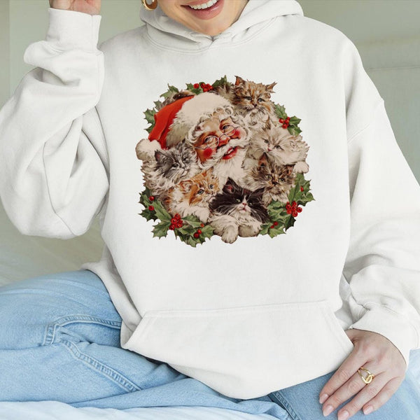 Retro Christmas Cat Hoodie, Vintage Santa Kittens Hoodie, Festive Santa Claus Cat Lover Sweatshirt, Comfy Holiday Pullover, X