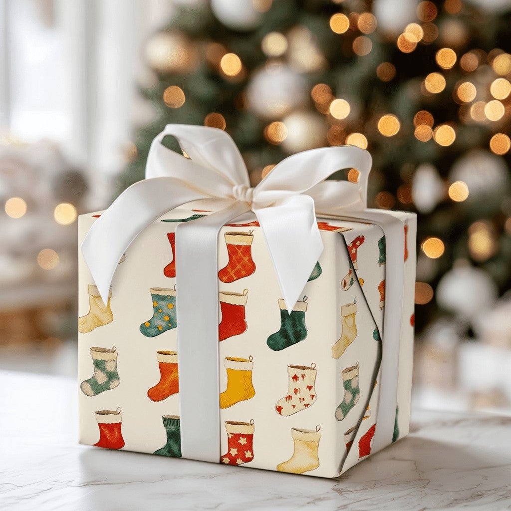 Vintage Holiday Gift Wrap, Christmas Stocking Wrapping Paper, Colorful Festive Christmas Wrapping Paper Roll, Traditional Xma