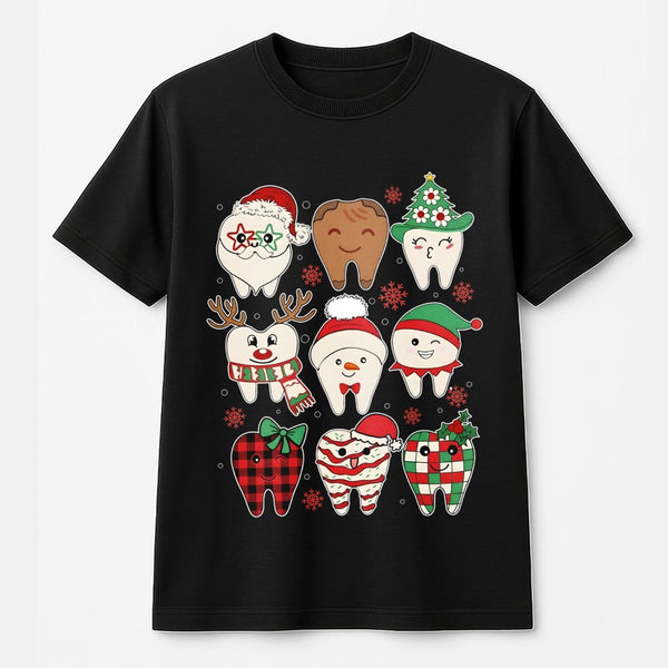 Adorable Teeth Characters Holiday Graphic Tee, Dental Christmas Shirt, Dentist Dental Hygienist T-Shirt, Assistant Clinic App