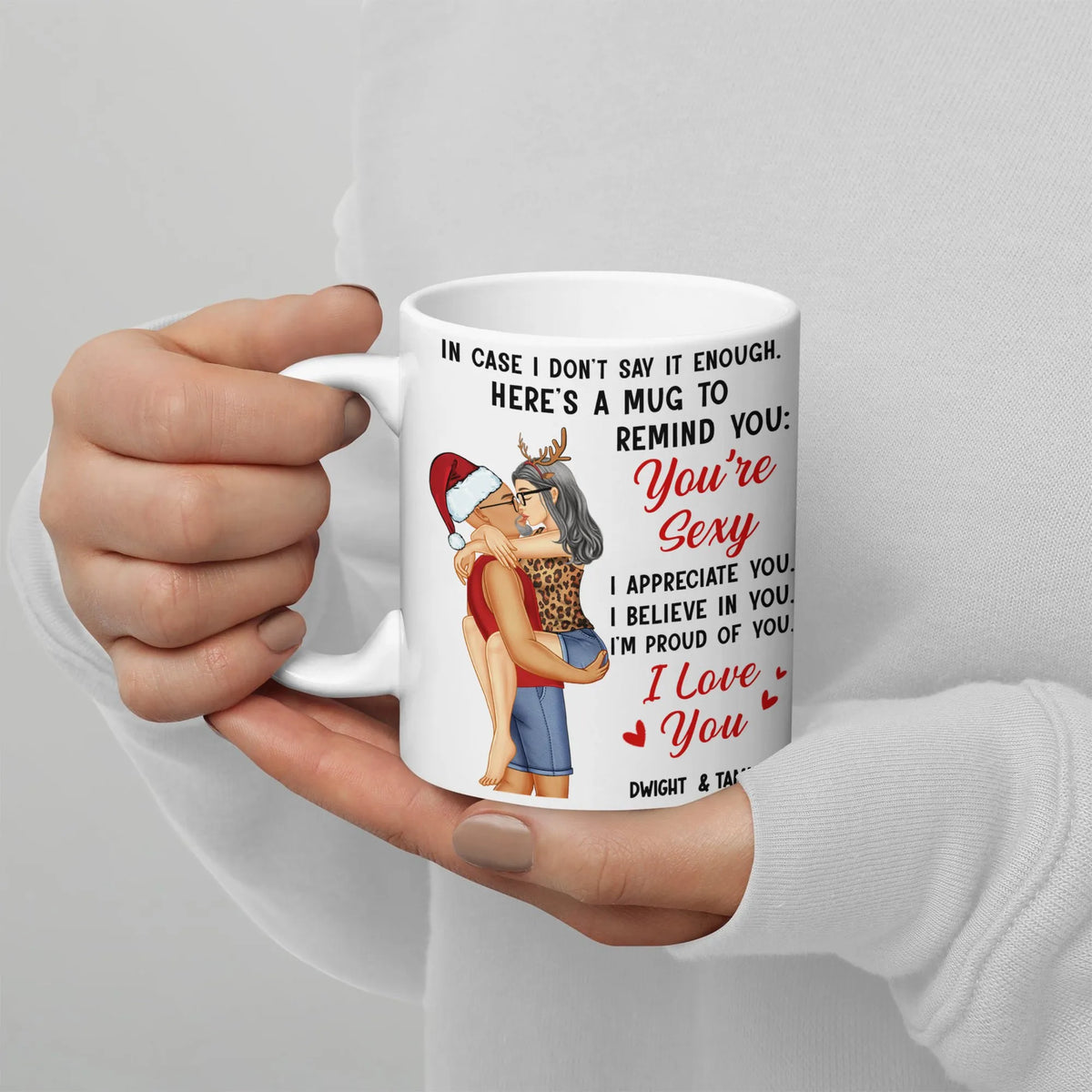 Santa and Reindeer Kissing Couple Coffee Mug, You're Sexy I Love You Christmas Mug, Humorous Romantic Xmas Ceramic Cup, Holid