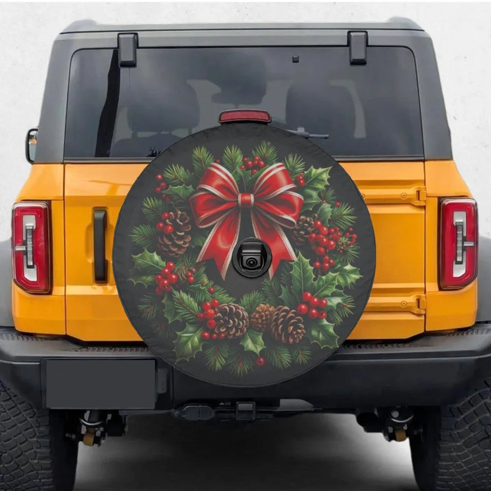 Festive Pinecone Red Bow Tire Cover, Christmas Wreath Spare Tire Cover, Waterproof Holiday Tire Cover, Xmas Jeep SUV Car Deco