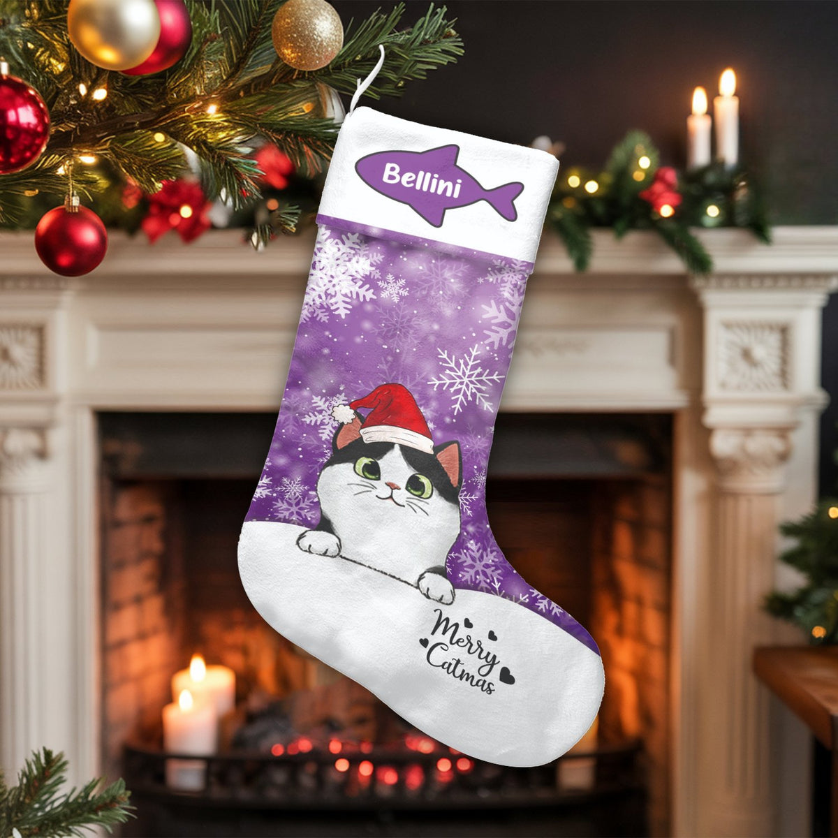 Adorable Kitten Christmas Stocking, Personalized Cat Santa Hat Christmas Stocking, Custom Pet Holiday Stocking, Cat Lover Hol
