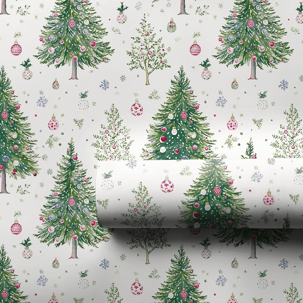 Festive Bauble Holiday Gift Wrap, Watercolor Christmas Trees Wrapping Paper, Snowflake Christmas Wrapping Paper, Winter Gift 