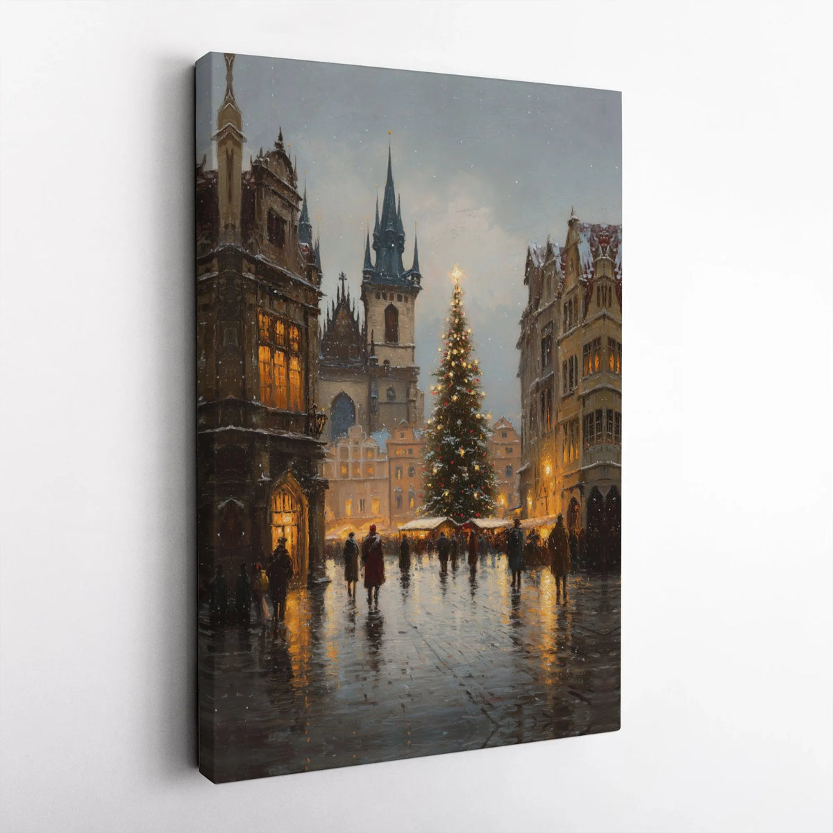 Vintage City Square Winter Wall Art, Snowy European Christmas Market Canvas Art, Comfy Holiday Town Canvas Print, Seasonal Xm
