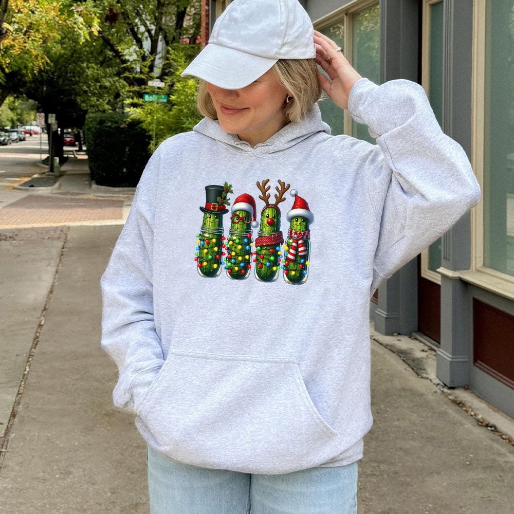Adorable Dill Pickle Hoodie, Humorous Christmas Pickle Hoodie, Festive Character Xmas Hoodie, Holiday Food Humor Sweatshirt, 
