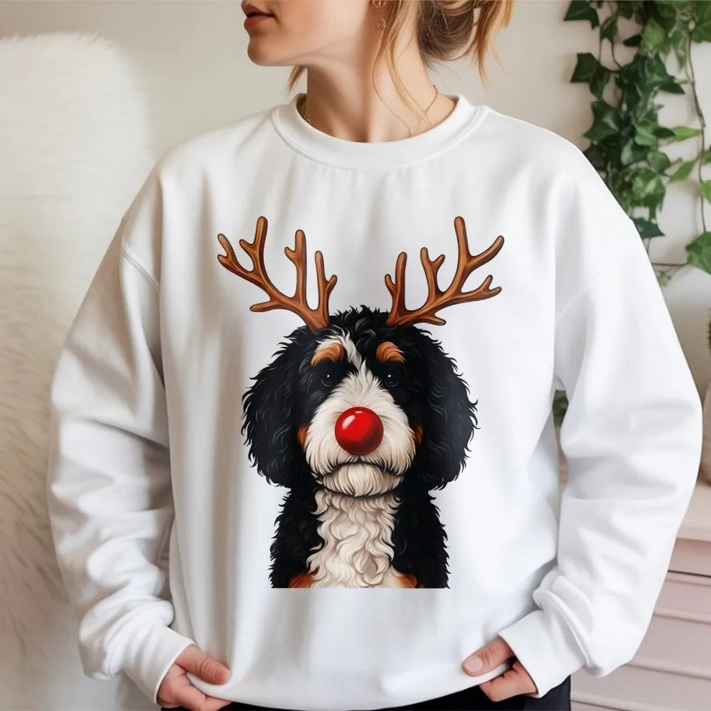 Humorous Reindeer Dog Sweatshirt, Bernadoodle Christmas Sweatshirt, Holiday Bernedoodle Crewneck, Comfy Dog Lover Xmas Graphi