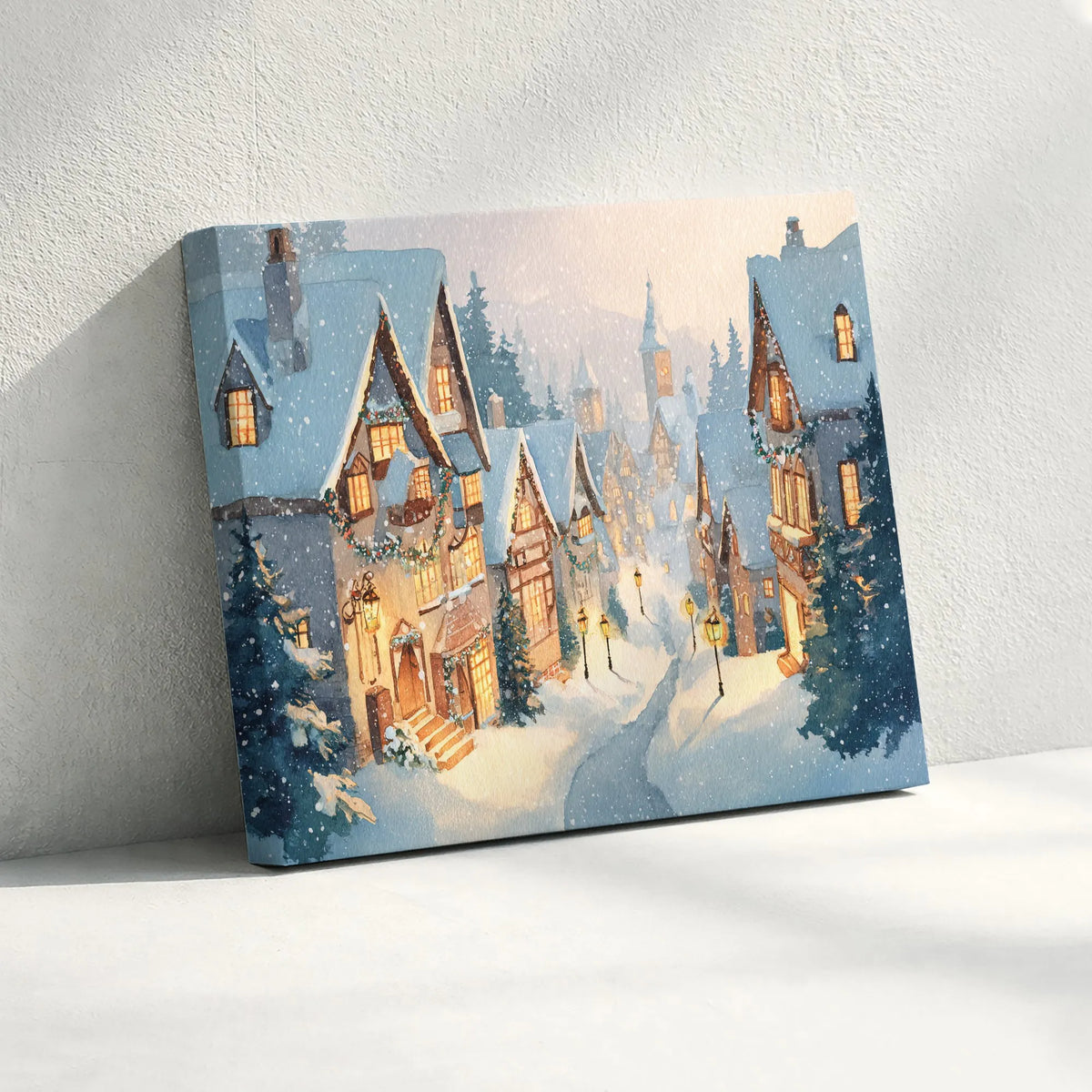 Winter Town Watercolor Canvas, Christmas Village Canvas Wall Art, Holiday Seasonal Canvas Print, Comfy Xmas Wall Decor, Chris