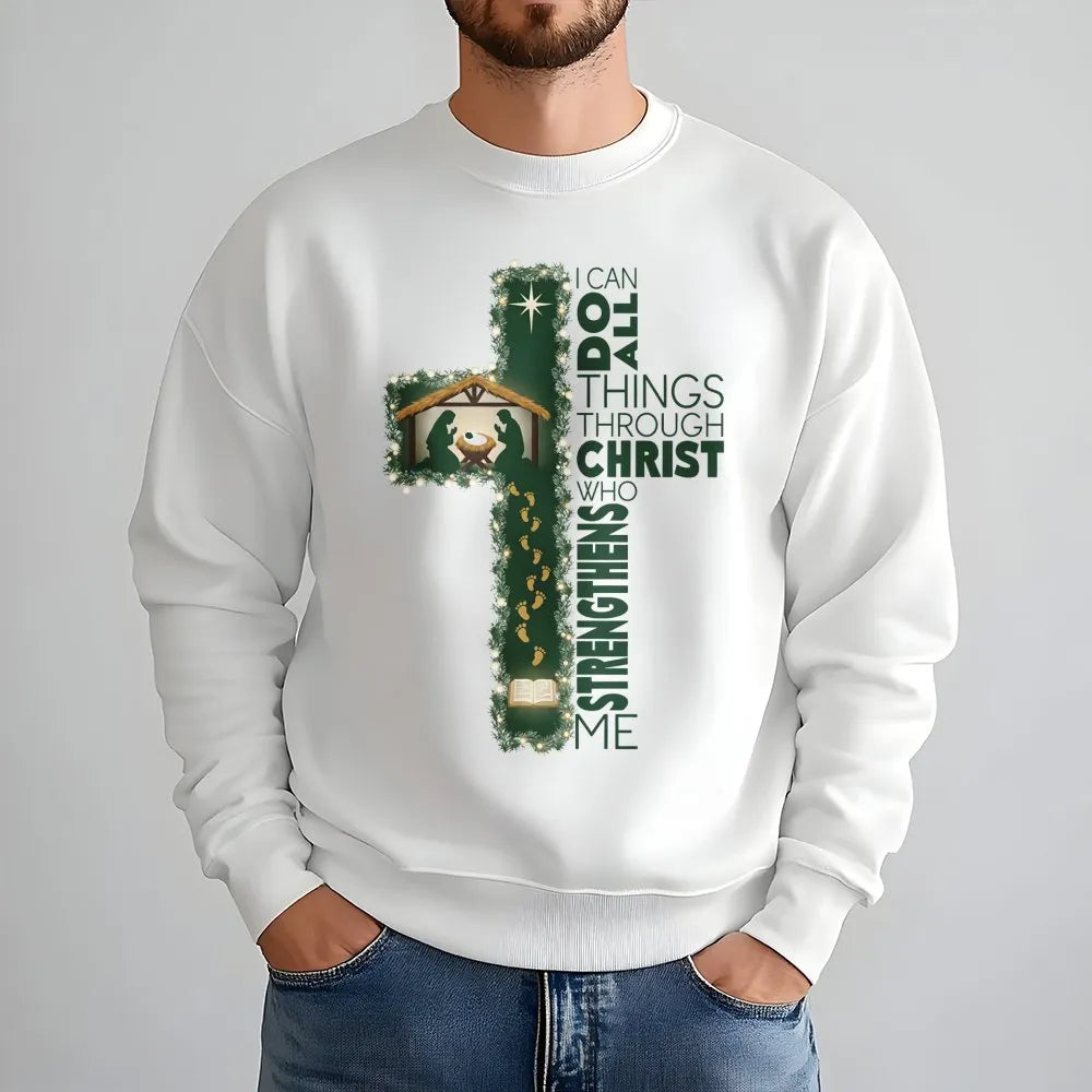 Nativity Cross Sweatshirt, I Can Do All Things Through Christ Sweatshirt, Christian Bible Verse Crewneck, Faith Christmas Swe